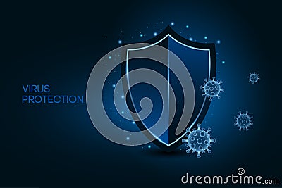 Security shield for virus protection. Coronavirus safety concept on blue background. Shield and virus cells of Covid-19. Vaccine Vector Illustration